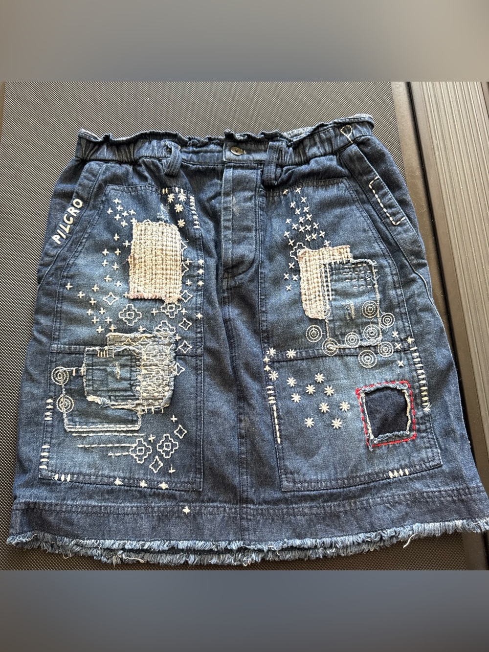 Pilcro Anthropologie Embroidered Patchwork Denim Skirt Boho Cottagecore  Size S